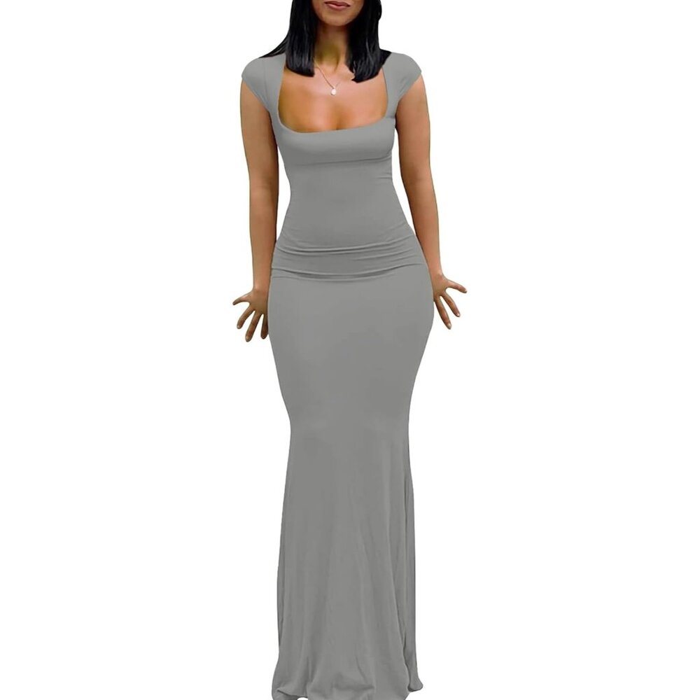 Women Grey Sleeve Neck Elegant Bodycon Evening Party Long Maxi Dress